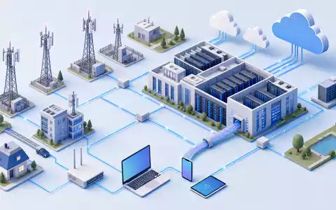 Nokia Oyj (FI0009000681) isometrische 3D-Illustration einer Netzarchitektur mit Sendemasten, Rechenzentrum und vernetzten Geräten - Foto: THN