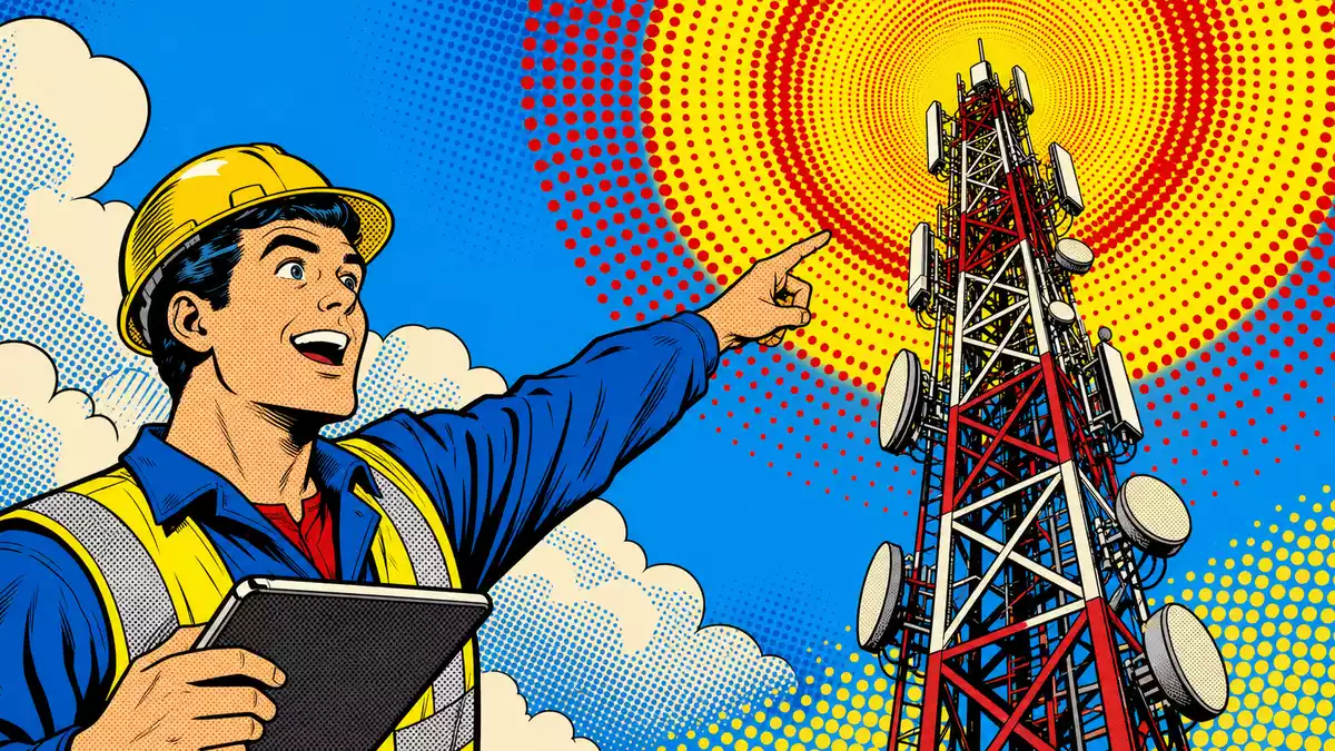 Pop-Art-Comicbild eines Ingenieurs, der auf einen Sendemast zeigt