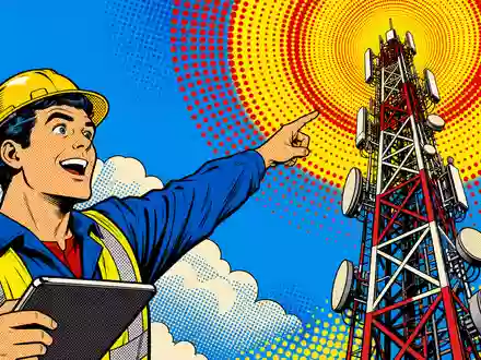Nokia Oyj (FI0009000681) Pop-Art-Comic zeigt begeisterten Ingenieur vor riesigem Sendemast mit Halbton-Signalwellen - Foto: THN