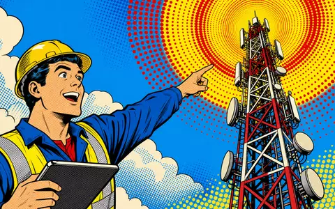 Nokia Oyj (FI0009000681) Pop-Art-Comic zeigt begeisterten Ingenieur vor riesigem Sendemast mit Halbton-Signalwellen - Foto: THN
