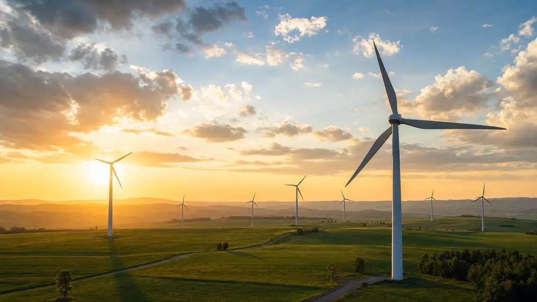 Windpark mit mehreren Windkraftanlagen bei Sonnenaufgang über grünen Hügeln