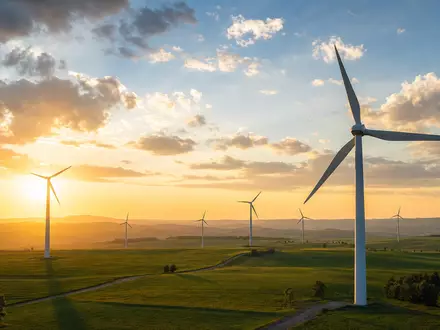 Nordex SE (DE000A0D6554) symbolisiert durch fotorealistischen Windpark bei goldenem Sonnenaufgang über grünen Hügeln - Foto: THN