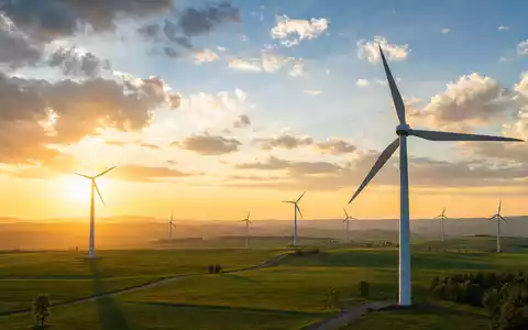Nordex SE (DE000A0D6554) symbolisiert durch fotorealistischen Windpark bei goldenem Sonnenaufgang über grünen Hügeln - Foto: THN