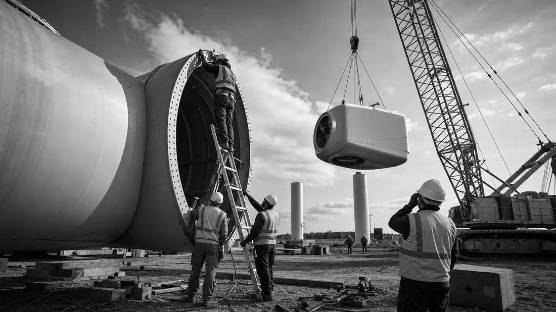 Schwarz-Weiß-Foto einer Turbinenmontage mit Kran und Arbeitern auf Baustelle