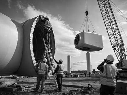 Nordex SE (DE000A0D6554) dargestellt als Schwarz-WeiĂ-Reportage ĂŒber Montage einer groĂen Windkraftturbine mit Kran - Foto: THN