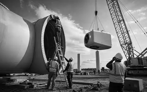 Nordex SE (DE000A0D6554) dargestellt als Schwarz-Weiß-Reportage über Montage einer großen Windkraftturbine mit Kran - Foto: THN
