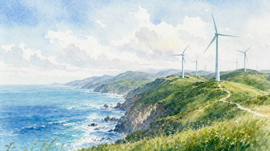 Aquarellmalerei einer Küstenlandschaft mit Windturbinen auf grünen Klippen am Meer