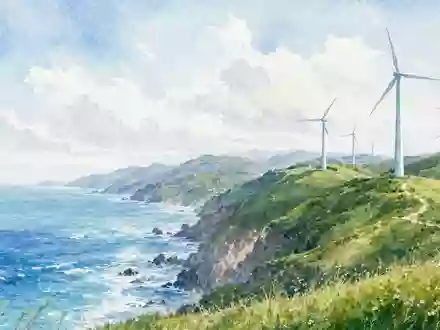 Nordex SE (DE000A0D6554) in Aquarelloptik: Küstenlandschaft mit Windkraftanlagen entlang grüner Klippen am Meer - Foto: THN