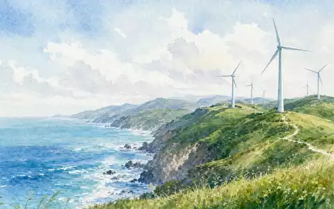 Nordex SE (DE000A0D6554) in Aquarelloptik: Küstenlandschaft mit Windkraftanlagen entlang grüner Klippen am Meer - Foto: THN