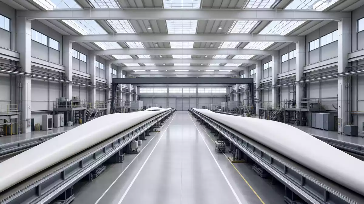 Architektonisches Rendering einer Fabrikhalle mit langen Rotorblättern in Produktion