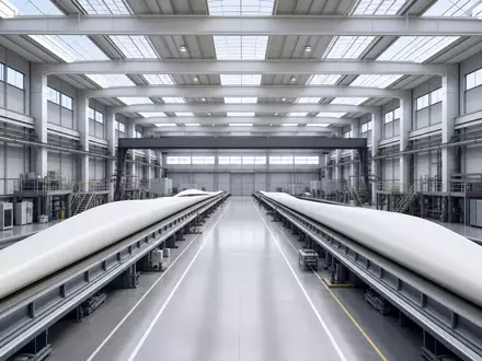 Nordex SE (DE000A0D6554) illustriert durch Architektur-Render einer modernen Rotorblatt-Fabrikhalle mit natürlichem Tageslicht - Foto: THN