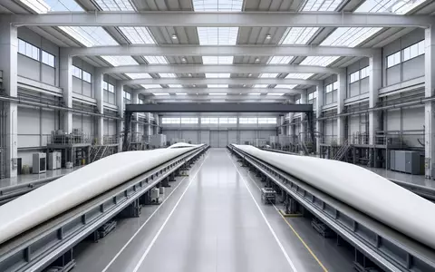 Nordex SE (DE000A0D6554) illustriert durch Architektur-Render einer modernen Rotorblatt-Fabrikhalle mit natürlichem Tageslicht - Foto: THN