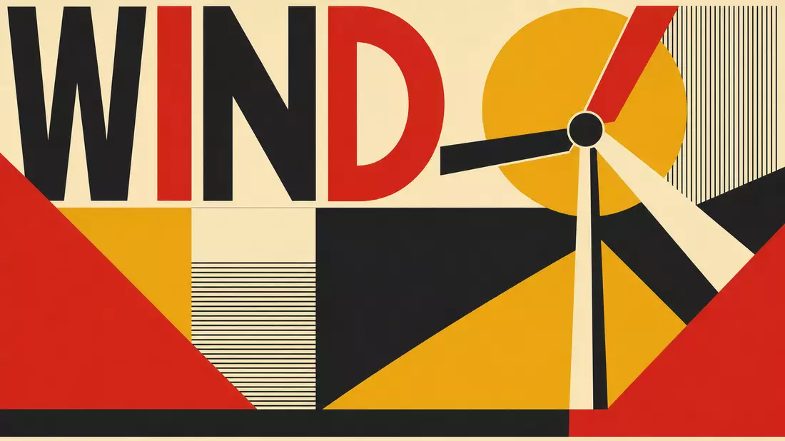 Bauhaus-Poster mit geometrischer Windturbine und großer Typografie WIND in Rot und Gelb