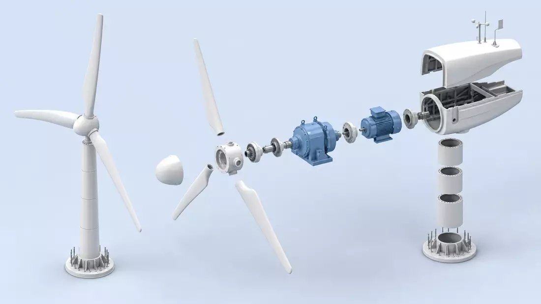 Isometrische Explosionszeichnung einer Windturbine mit Turm, Gondel, Getriebe und Rotorblättern