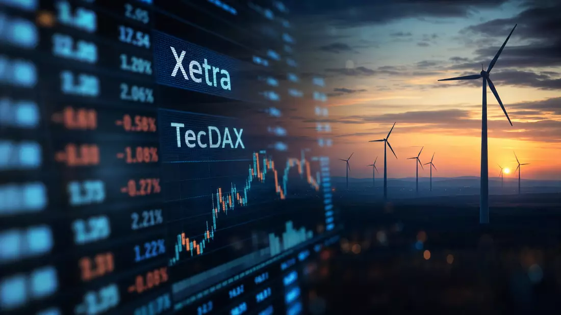 Börsenkurse mit Xetra und TecDAX Anzeige neben Windturbinen-Silhouette bei Dämmerung