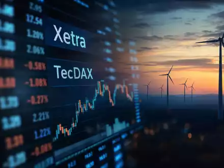Nordex SE (DE000A0D6554) als Börsen-Editorial mit Xetra- und TecDAX-Kursanzeige neben Windturbinen bei Abenddämmerung - Foto: THN