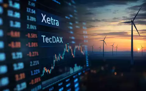 Nordex SE (DE000A0D6554) als Börsen-Editorial mit Xetra- und TecDAX-Kursanzeige neben Windturbinen bei Abenddämmerung - Foto: THN