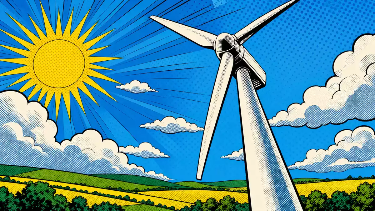 Pop-Art-Comic-Illustration einer Windturbine vor blauem Himmel mit Sonne und Wolken