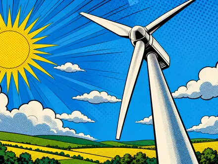 Nordex SE (DE000A0D6554) im Pop-Art-Comic-Stil: leuchtende Windturbine vor blauem Himmel mit Halbtonpunkten - Foto: THN