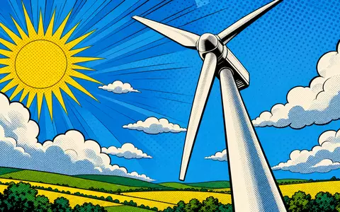 Nordex SE (DE000A0D6554) im Pop-Art-Comic-Stil: leuchtende Windturbine vor blauem Himmel mit Halbtonpunkten - Foto: THN