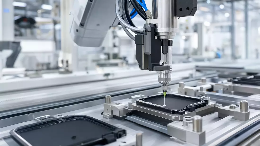 Roboterarm dosiert präzise eine Klebstoffraupe auf ein Bauteil in heller Fabrikhalle