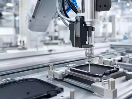 Nordson Corporation US6556631025 zeigt präzise industrielle Dosieranlage für Klebstoffauftrag in moderner Fertigungslinie - Foto: THN