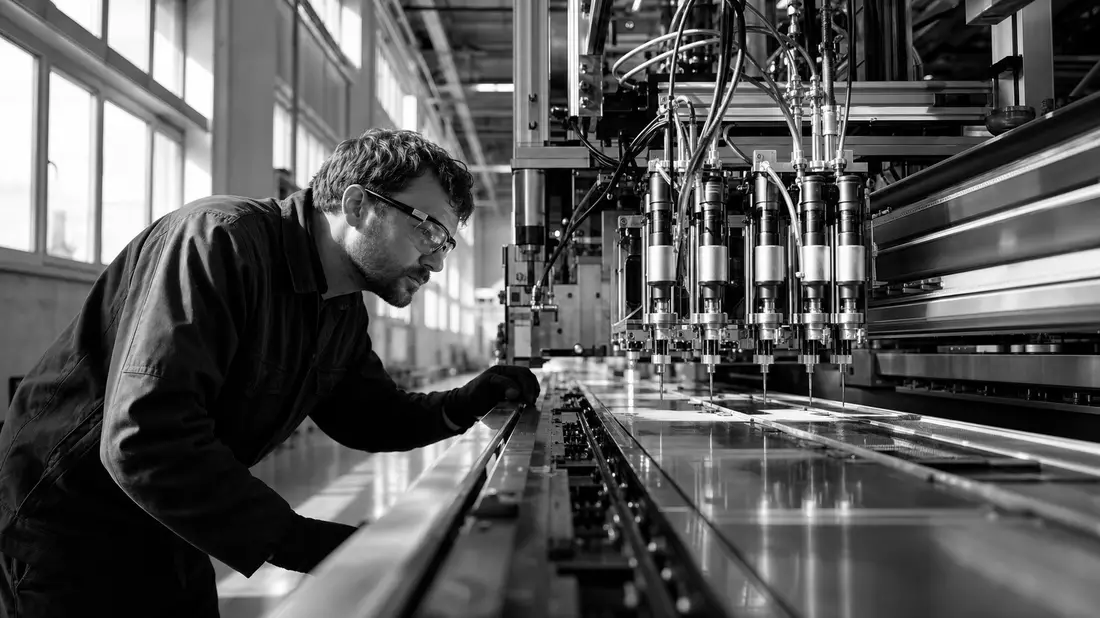 Schwarz-weißes Reportagefoto eines Ingenieurs, der eine Dosier- und Beschichtungsmaschine prüft