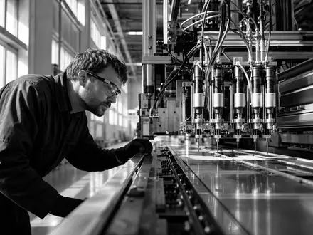 Nordson Corporation US6556631025 illustriert Schwarz-Weiß-Reportage eines Ingenieurs bei industrieller Beschichtungsanlage im Werk - Foto: THN