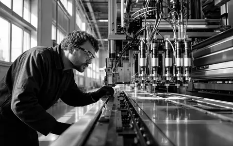 Nordson Corporation US6556631025 illustriert Schwarz-Weiß-Reportage eines Ingenieurs bei industrieller Beschichtungsanlage im Werk - Foto: THN