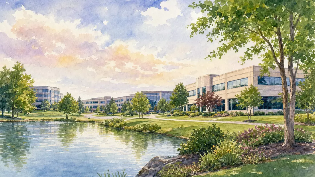Aquarellillustration eines ruhigen Bürocampus mit Teich, Rasenflächen und Bäumen bei Sonnenuntergang