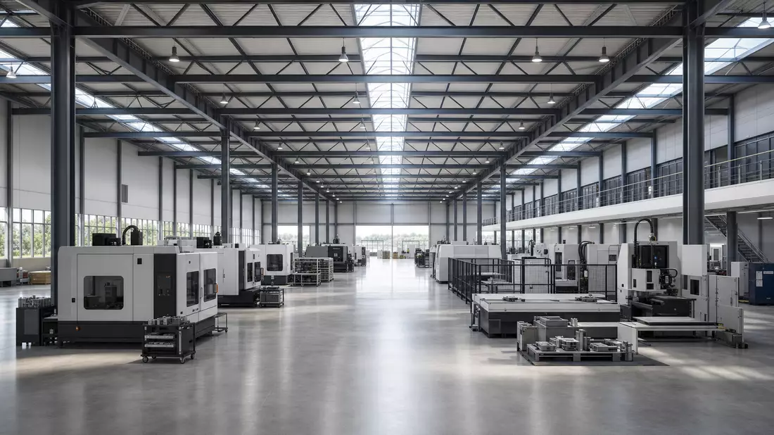 3D-Architekturvisualisierung einer hellen Fabrikhalle mit Stahlträgern und Fertigungsmaschinen