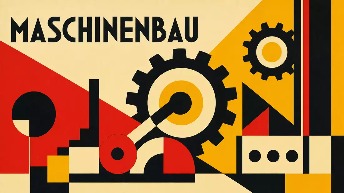 Bauhaus-Poster mit geometrischen Zahnrädern und Formen sowie dem Wort MASCHINENBAU