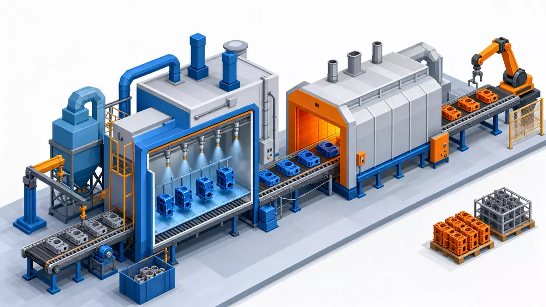 Isometrische Illustration einer industriellen Beschichtungslinie mit Sprühkabine und Förderband