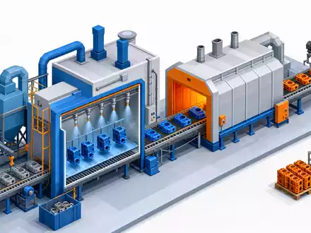 Nordson Corporation US6556631025 dargestellt als isometrische 3D-Illustration einer industriellen Beschichtungslinie mit Förderband - Foto: THN