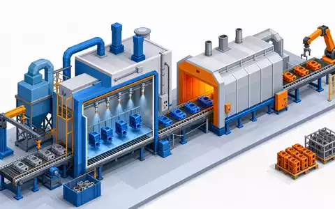 Nordson Corporation US6556631025 dargestellt als isometrische 3D-Illustration einer industriellen Beschichtungslinie mit Förderband - Foto: THN