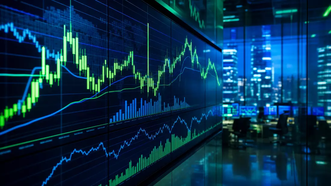 Editorial-Finanzbild mit leuchtenden Börsencharts vor nächtlicher Skyline eines Handelsraums