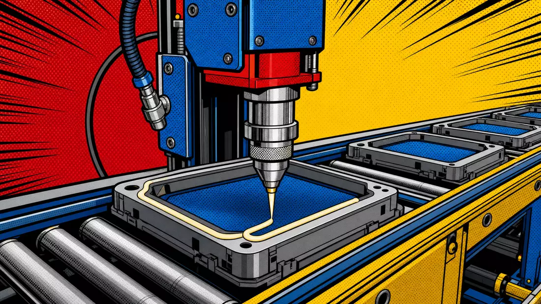 Pop-Art-Comic-Illustration einer Dosiermaschine, die Klebstoff auf ein Bauteil am Fließband aufträgt