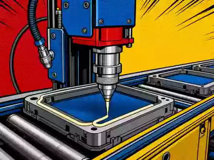 Nordson Corporation US6556631025 als Pop-Art-Comic mit Dosiermaschine, präzisem Klebstoffauftrag und kräftigen bunten Halbtonfarben - Foto: THN