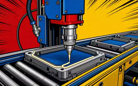 Nordson Corporation US6556631025 als Pop-Art-Comic mit Dosiermaschine, präzisem Klebstoffauftrag und kräftigen bunten Halbtonfarben - Foto: THN
