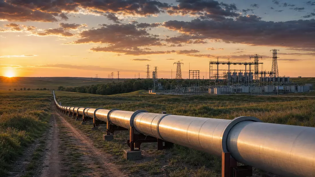 Fotorealistische Gaspipeline führt zu einem Umspannwerk bei Sonnenuntergang in ländlicher Landschaft