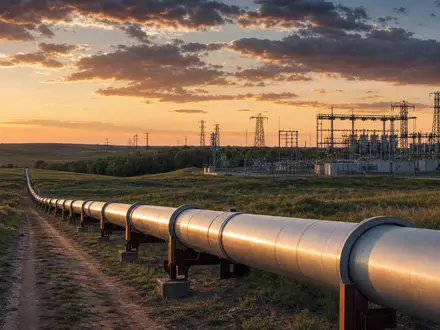 NiSource Inc. US65473P1057 zeigt fotorealistische Gaspipeline und Umspannwerk im Sonnenuntergang, Infrastruktur Symbolbild - Foto: THN
