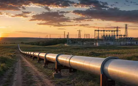 NiSource Inc. US65473P1057 zeigt fotorealistische Gaspipeline und Umspannwerk im Sonnenuntergang, Infrastruktur Symbolbild - Foto: THN
