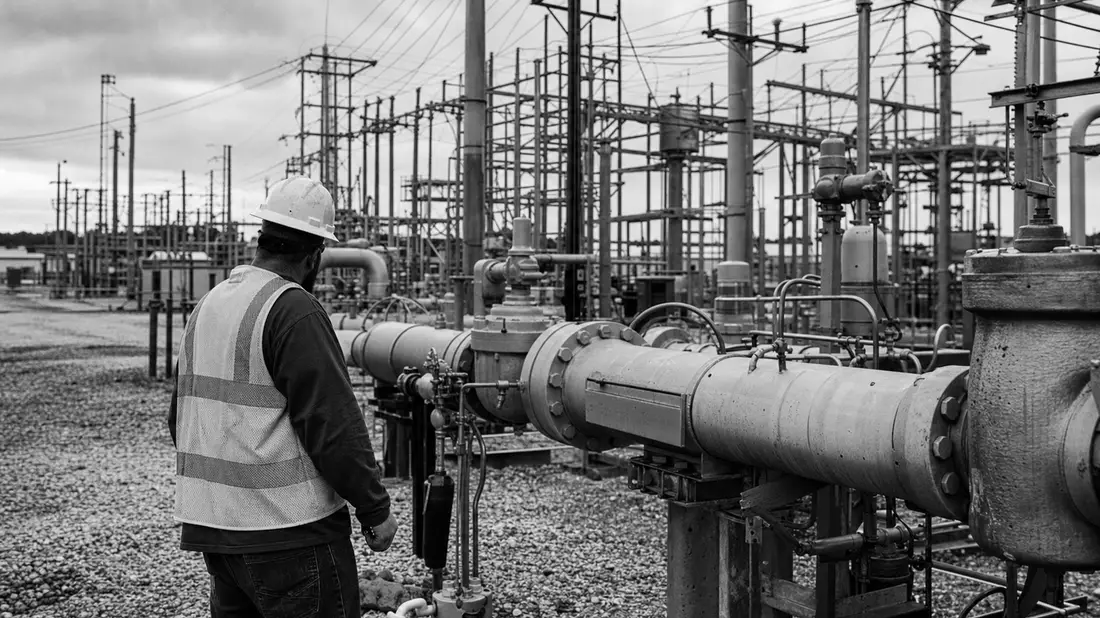 Schwarzweißes Reportagefoto eines Arbeiters mit Helm an Gas- und Stromanlagen