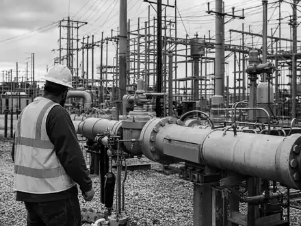 NiSource Inc. US65473P1057 dargestellt als Schwarzweiß-Reportagefoto eines Technikers an einer großen Gasinfrastruktur-Anlage - Foto: THN