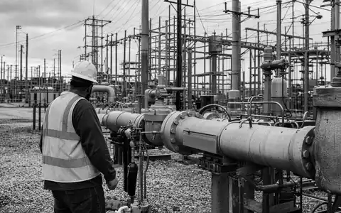 NiSource Inc. US65473P1057 dargestellt als Schwarzweiß-Reportagefoto eines Technikers an einer großen Gasinfrastruktur-Anlage - Foto: THN