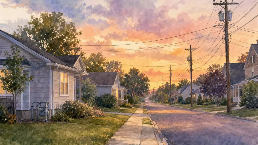 Aquarellbild einer Vorstadtstraße mit Stromleitungen und Gaszähler in warmen Abendfarben