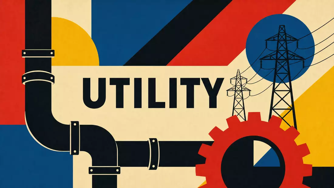 Bauhaus-Poster mit geometrischen Formen, Rohren, Strommasten und dem Wort UTILITY