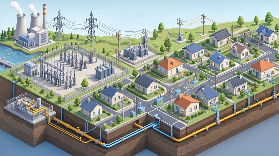 Isometrische 3D-Illustration eines Strom- und Gasverteilnetzes mit Häusern und Umspannwerk