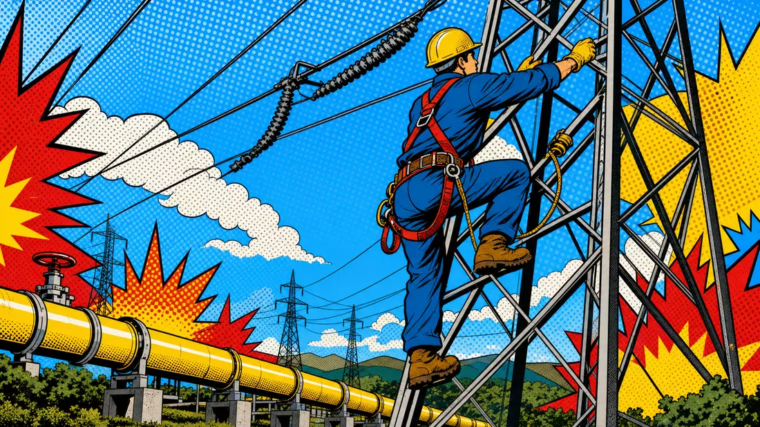 Bunte Pop-Art-Comicillustration eines Arbeiters, der einen Strommast über einer Gaspipeline erklimmt