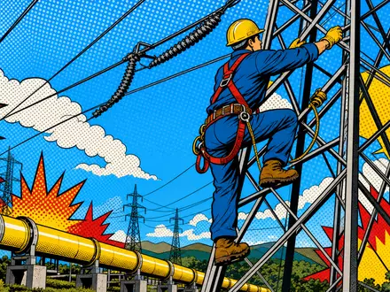 NiSource Inc. US65473P1057 dargestellt als Pop-Art-Comic mit Techniker an Strommast über Gaspipeline - Foto: THN
